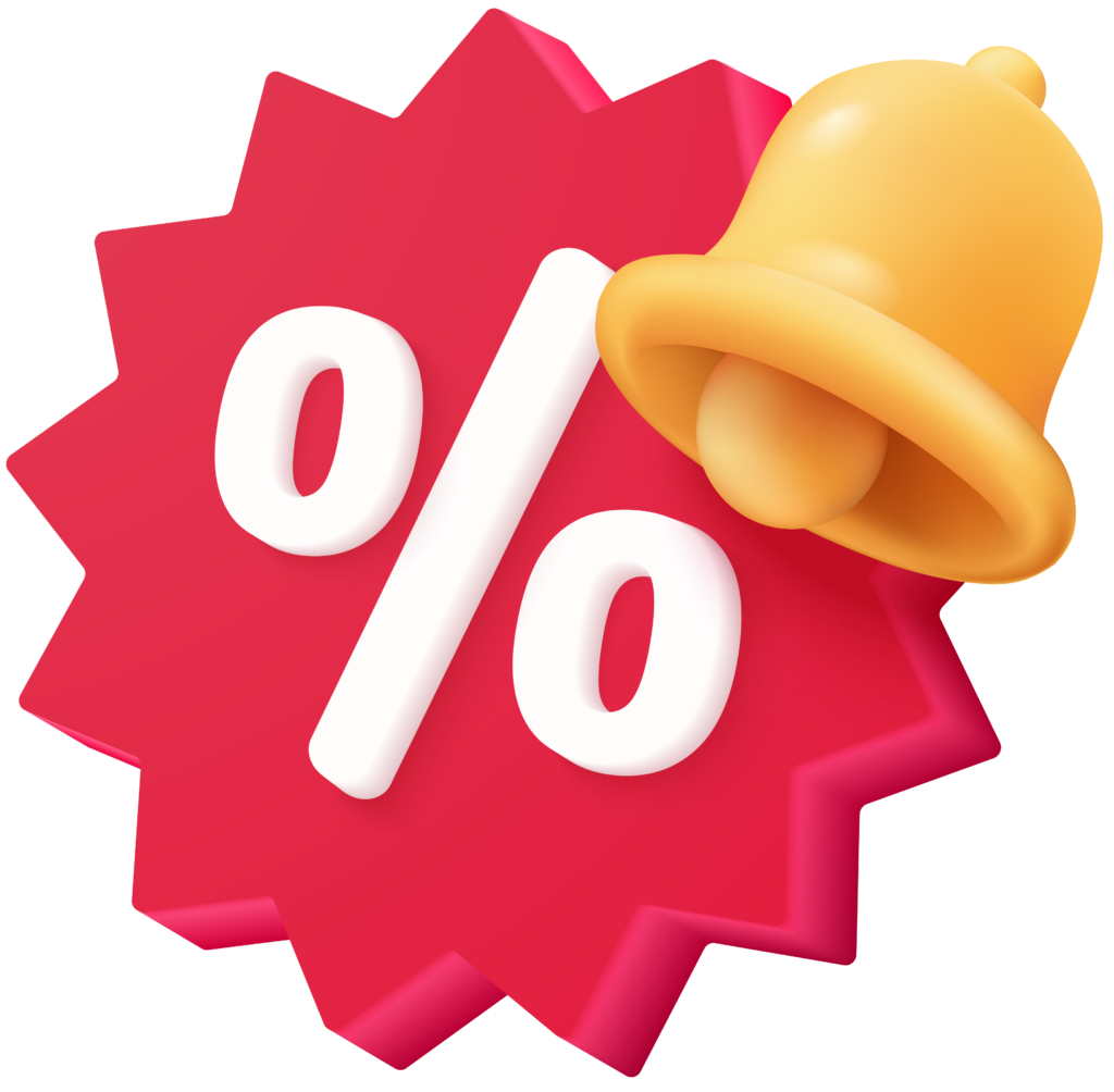 signe de pourcentage avec icône de cloche indiquant une offre ou une vente à durée limitée